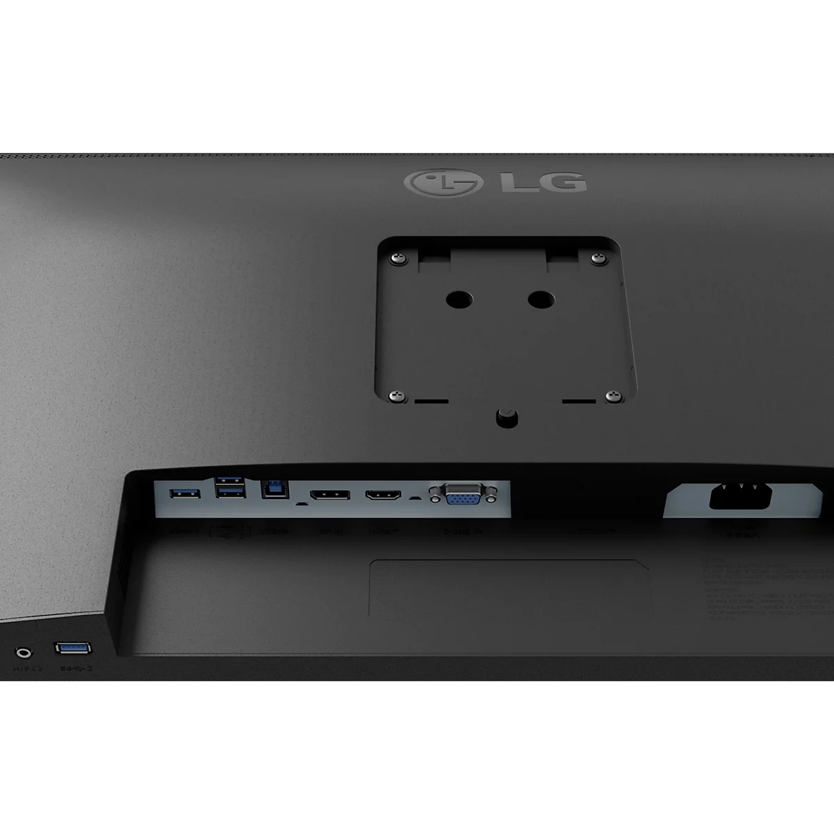 Rückseite eines schwarzen LG Monitors mit Anschlüssen für HDMI, USB und Strom.