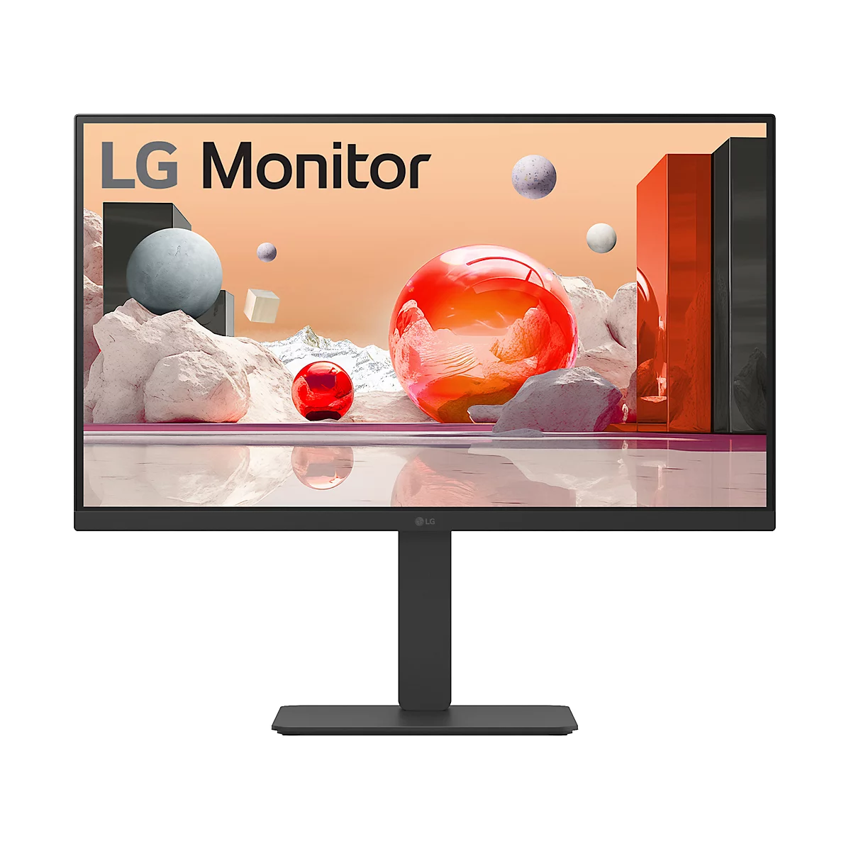 Schwarzer LG Monitor von hinten, auf einem weißen Hintergrund. Die Halterung steht auf einer rechteckigen Basis.