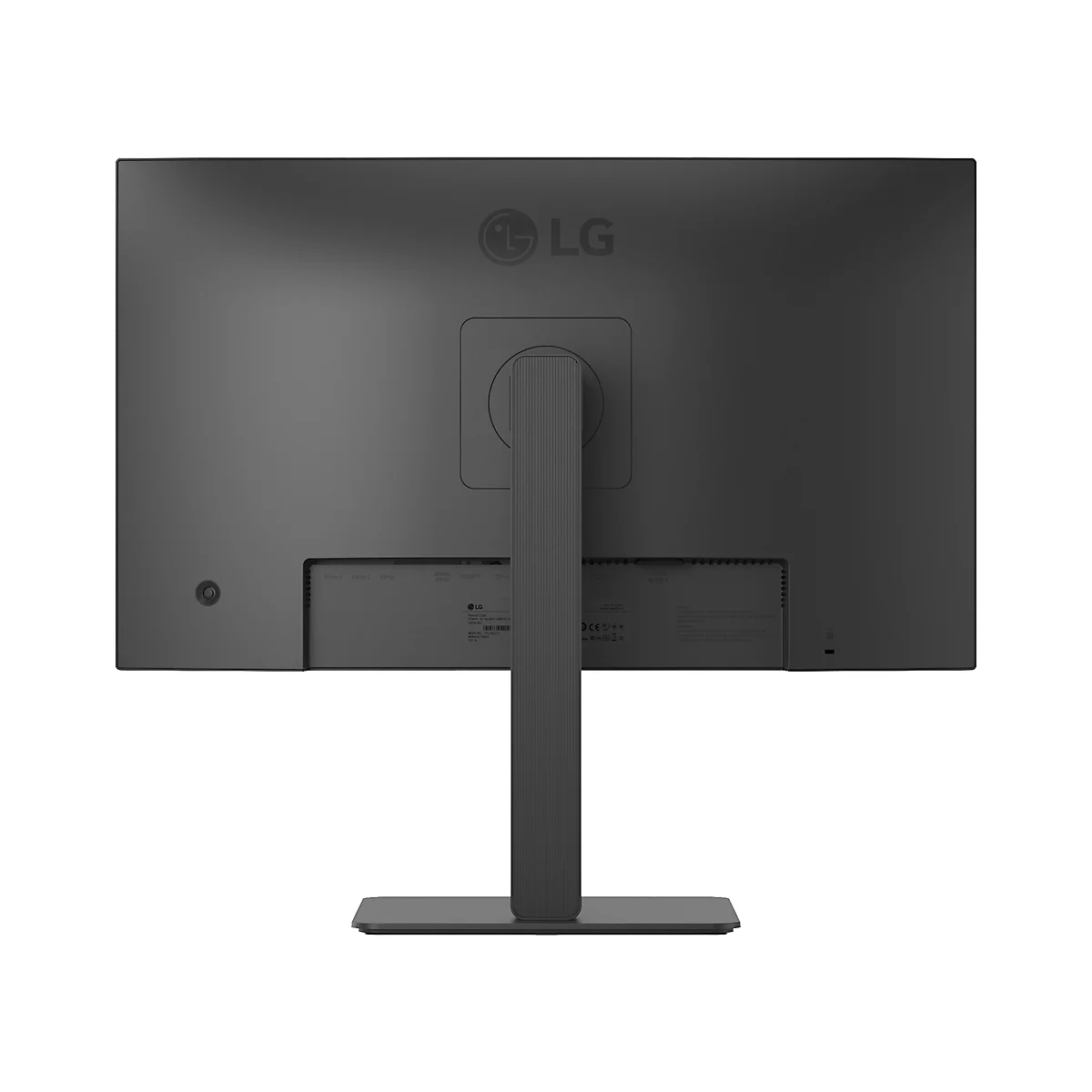 Rückseite eines schwarzen LG Monitors, Standfuß und Logo gut erkennbar.