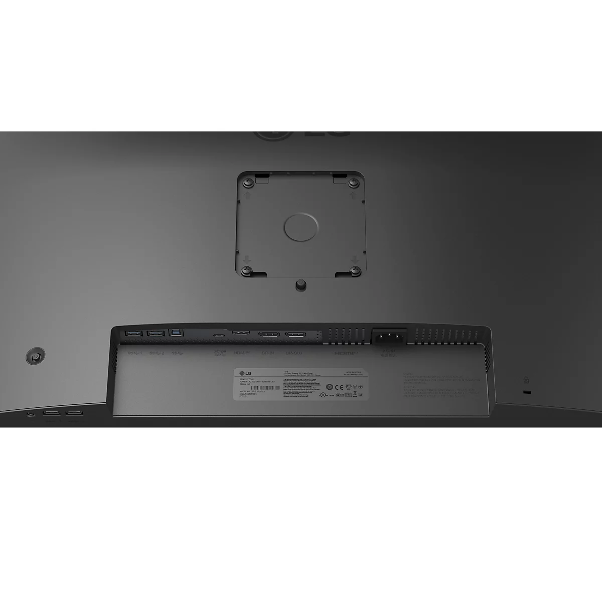 Die Rückseite eines schwarzen LG-Monitors mit Halterung. Anschlüsse und Seriennummer.