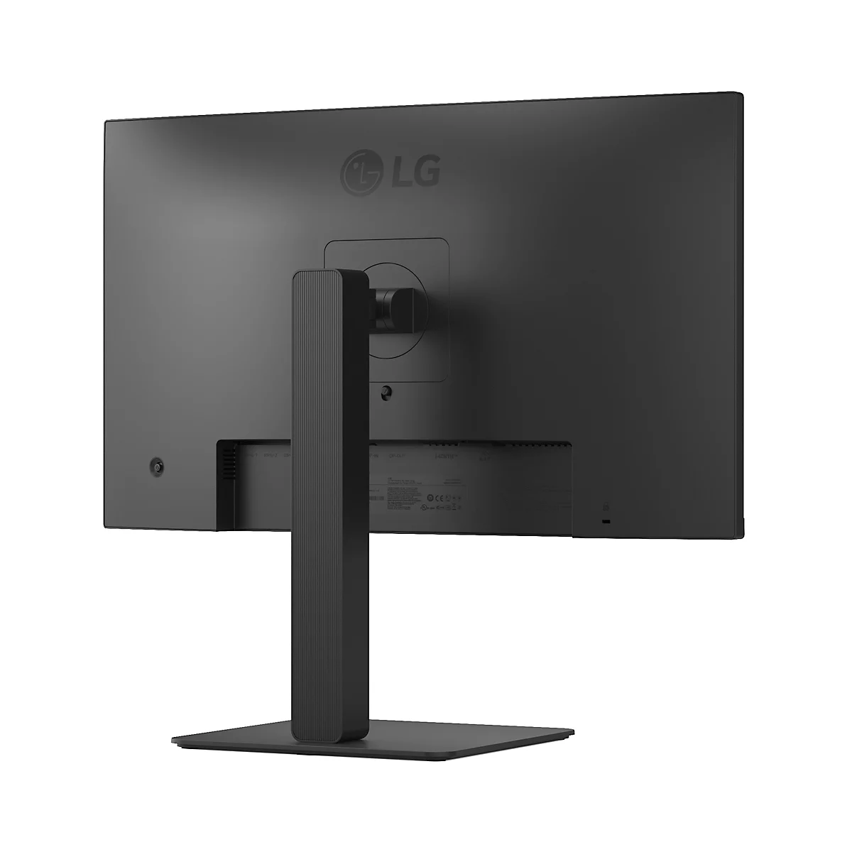 Ein schwarzer Computermonitor im Profil, auf einem weißen Hintergrund. Der Monitor hat einen verstellbaren Standfuß.