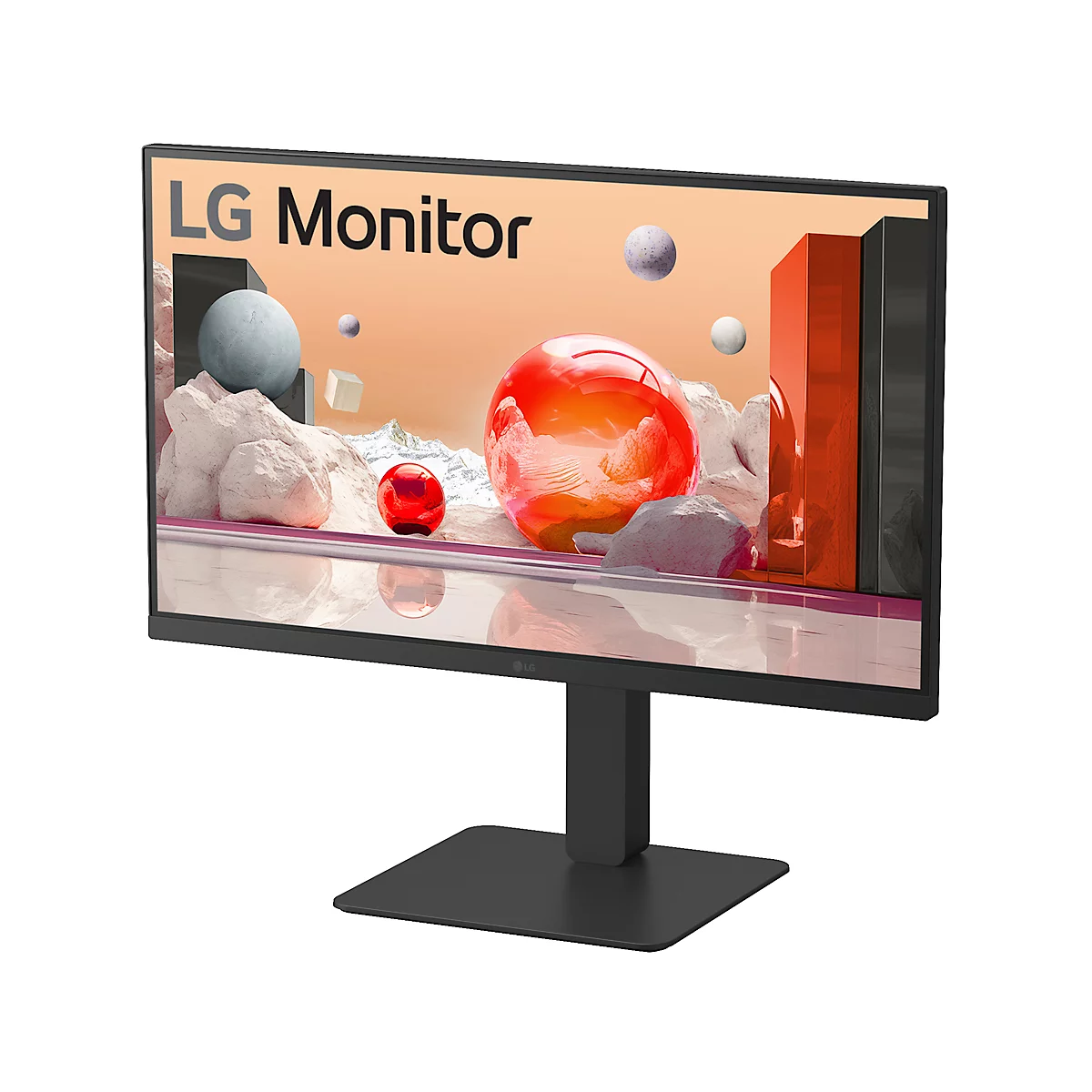 Schwarzer LG Monitor mit minimalistischem Design. Auf dem Display eine abstrakte Szene mit Kugeln und Blöcken. Oben steht LG Monitor.