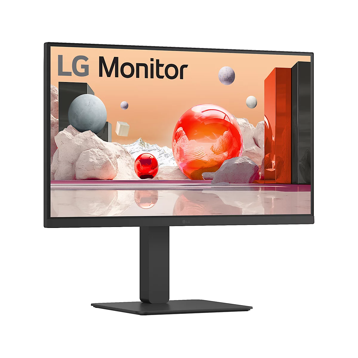 Rückansicht eines schwarzen LG Monitors. Das LG-Logo ist oben mittig zu sehen. Der Bildschirm steht auf einem quadratischen Standfuß.