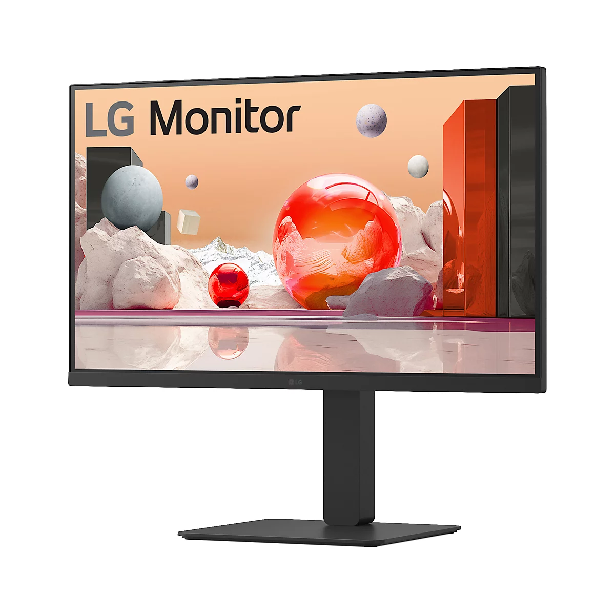 Ein schwarzer LG-Monitor mit Standfuß, vor weißem Hintergrund. Auf dem Bildschirm eine abstrakte Grafik mit Kugeln.