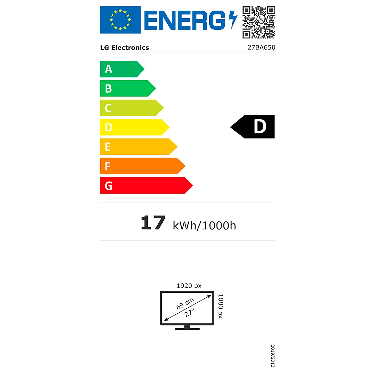 Energieeffizienzlabel für einen LG-Fernseher. Zeigt die Energieeffizienzklasse D, 17 kWh/1000h. Bild zeigt Größe und Auflösung.
