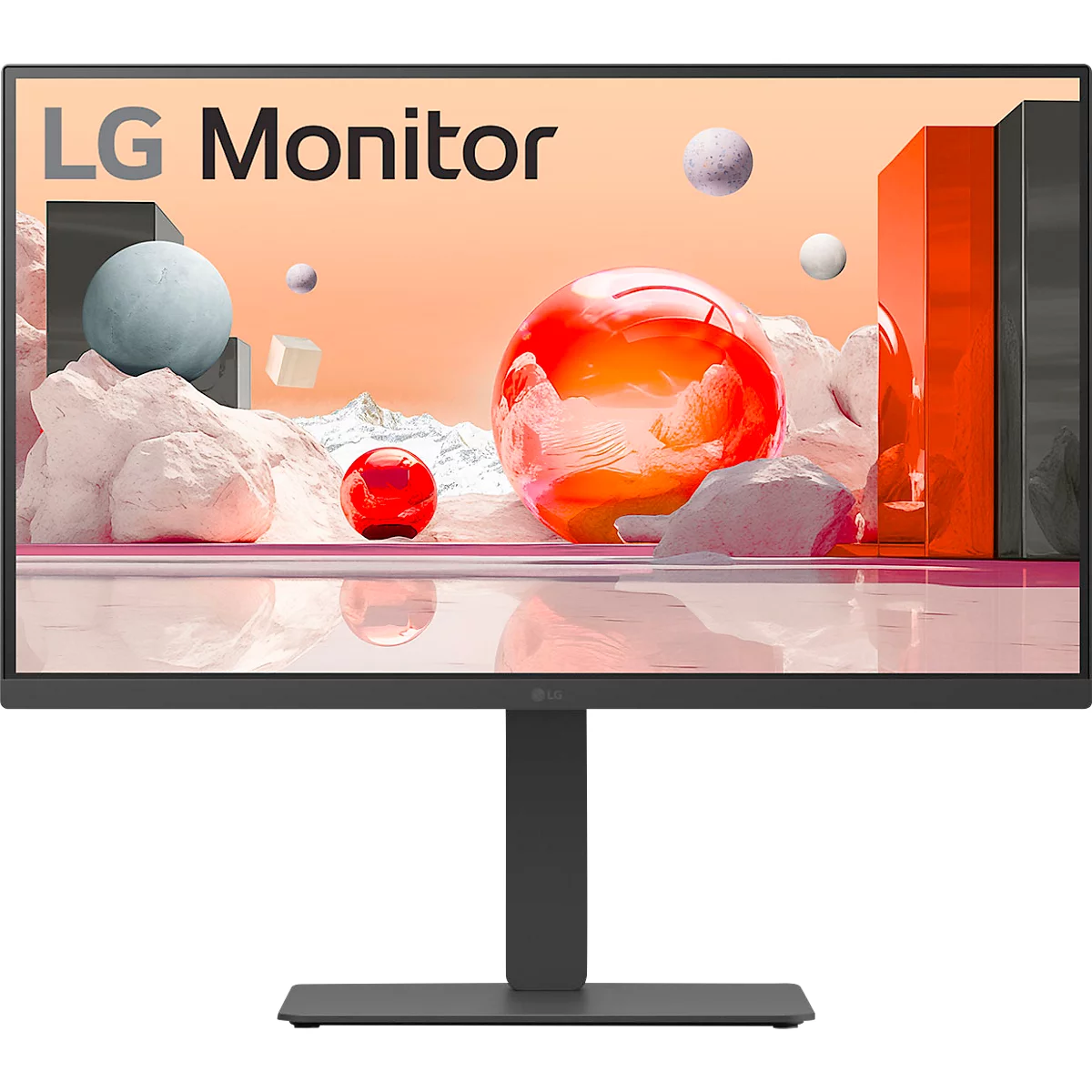 LG Monitor vor abstraktem Hintergrund. Schwarzer Rahmen, Standfuß. Schriftzug LG Monitor.