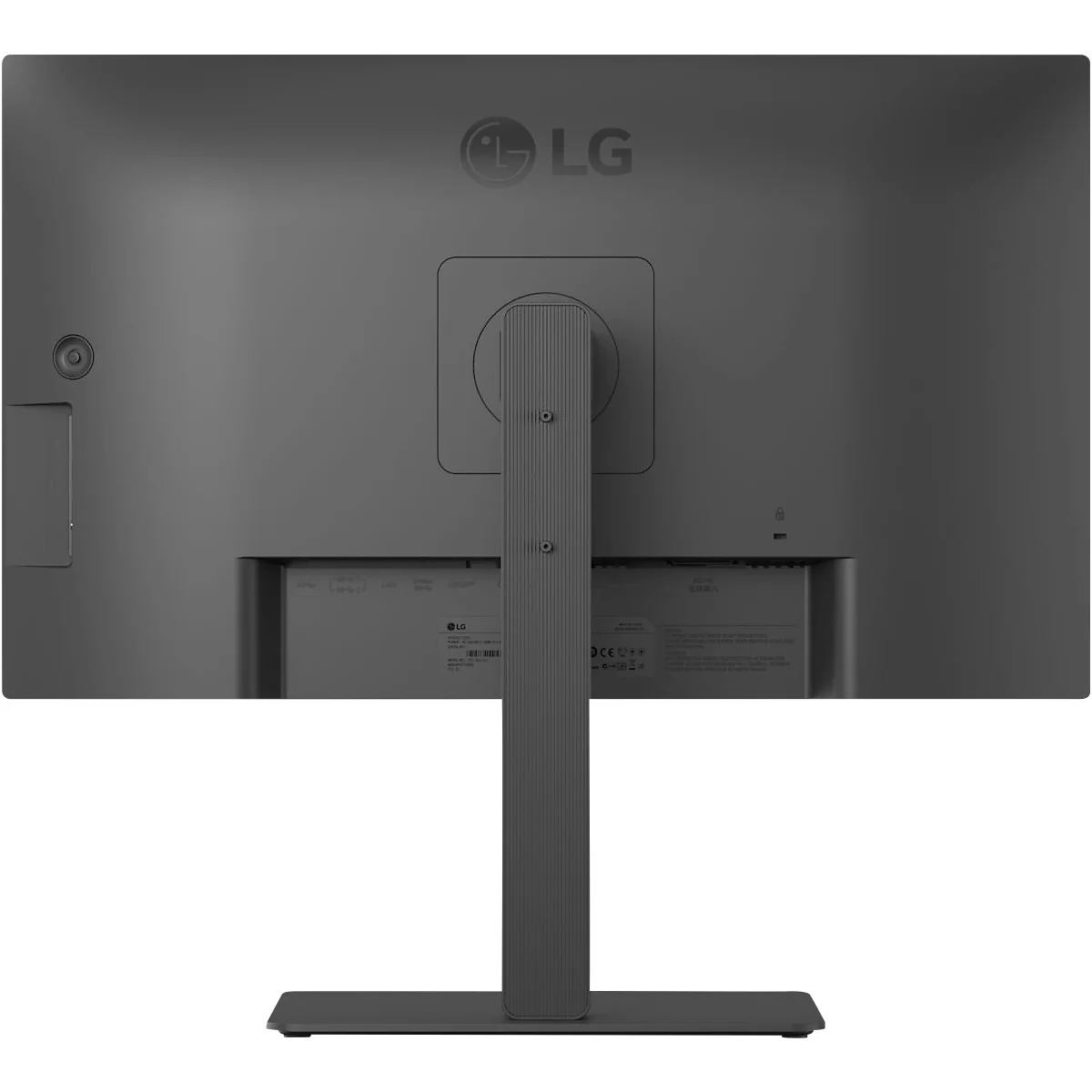 Rückseite eines grauen LG-Monitors. Logo oben, Anschlüsse und Standfuß.