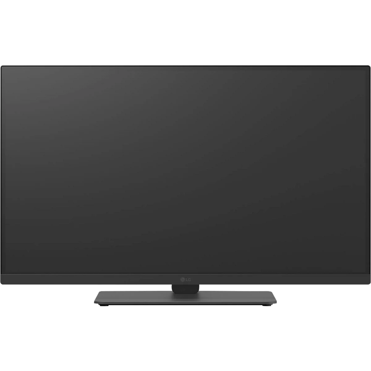 Ein großer, schwarzer Fernseher mit Standfuß. Das Display ist ausgeschaltet und zeigt einen dunklen Bildschirm.