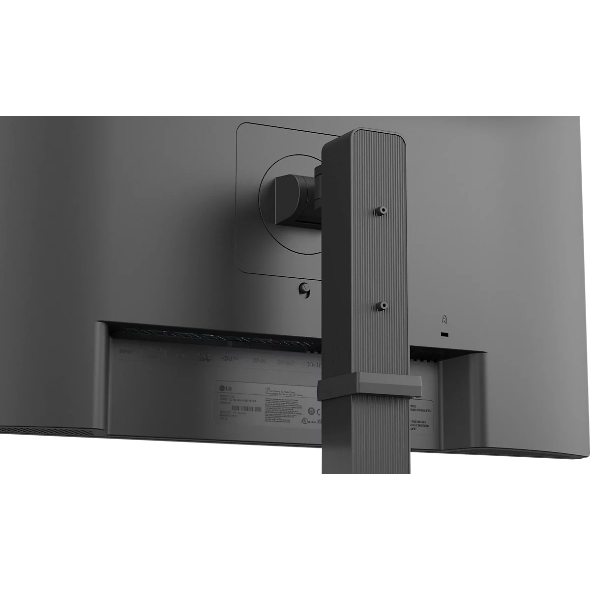 Detailaufnahme eines schwarzen Monitors. Der Fokus liegt auf der Halterung und dem rückwärtigen Teil des Displays.