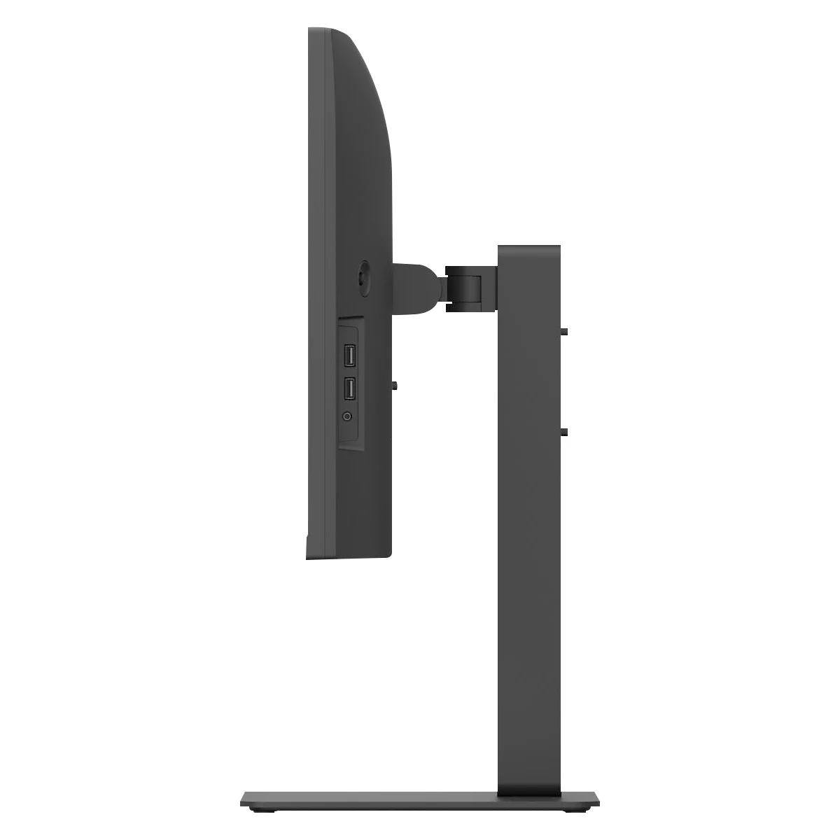 Seitenansicht eines schwarzen Monitors mit Standfuß. Sichtbar sind USB-Anschlüsse und die Halterung.