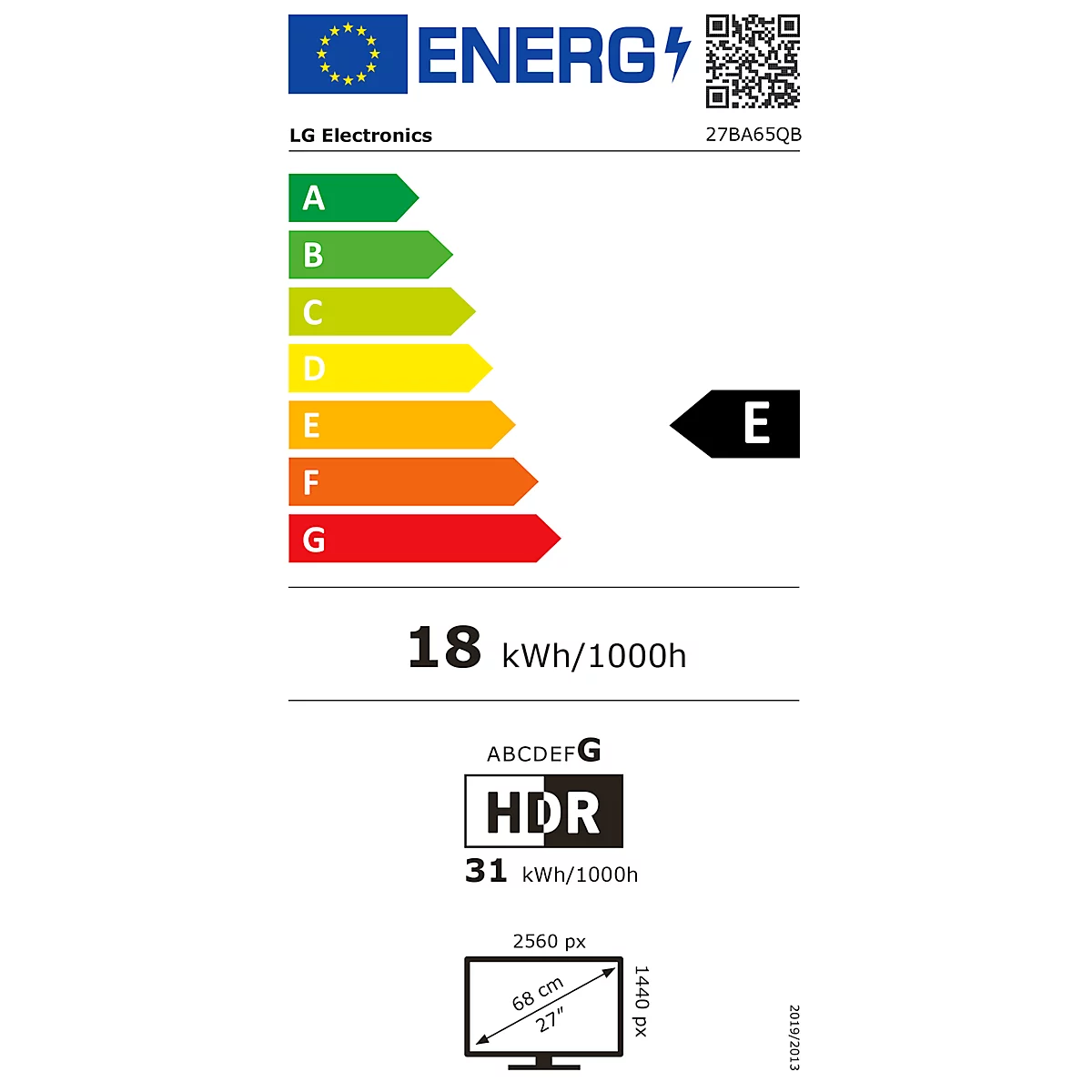 Energielabel eines Monitors mit Angaben zu Energieeffizienz und Verbrauch. E auf schwarzem Pfeil. 'HDR' Icon.