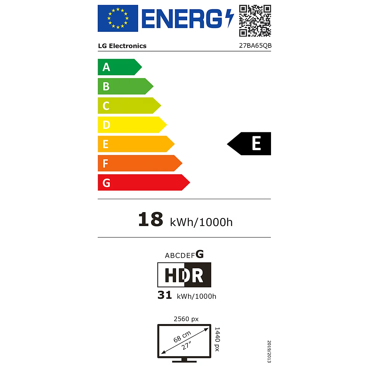 EU-energielabel voor LG-monitor 27BA65QB, energie-efficiëntieklasse E, verbruik 18 kWh/1000h.