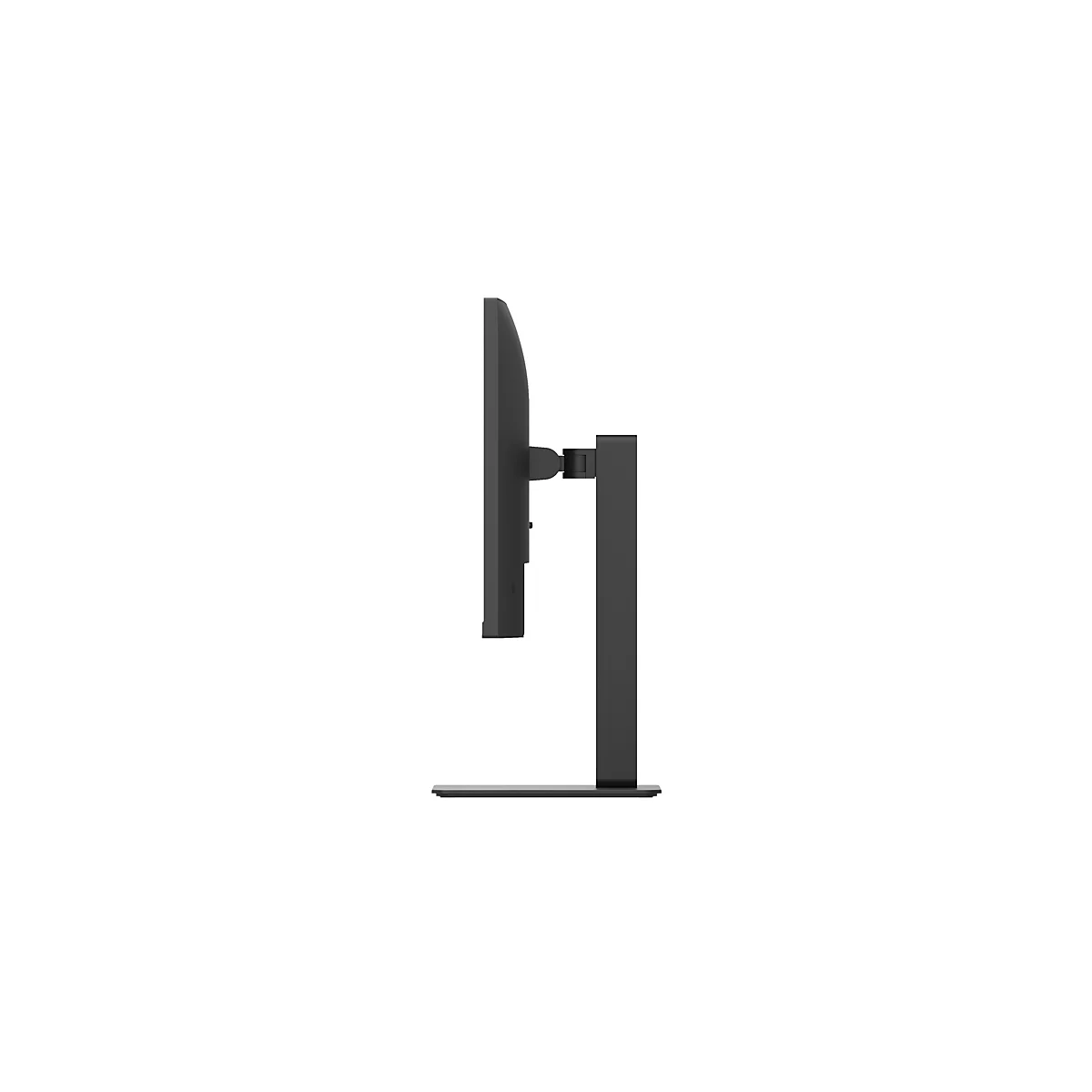 Seitliche Ansicht eines schwarzen Computermonitors auf einem minimalistischen Ständer vor weißem Hintergrund.