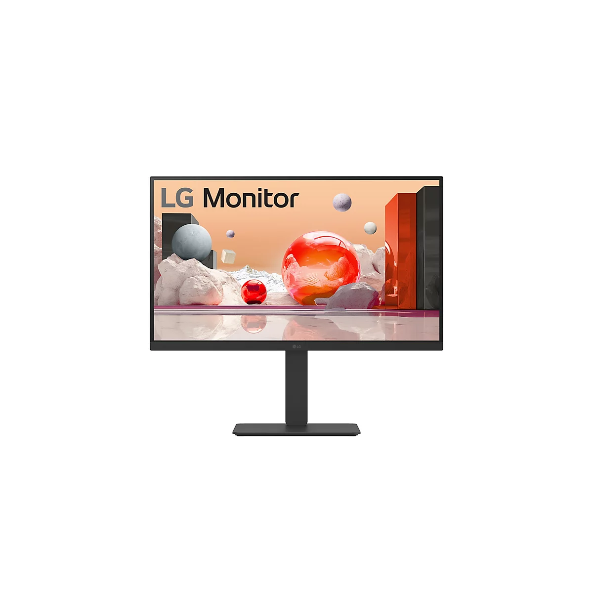 Schwarzer LG Monitor auf Standfuß mit farbenfrohem abstraktem Bildschirmhintergrund.