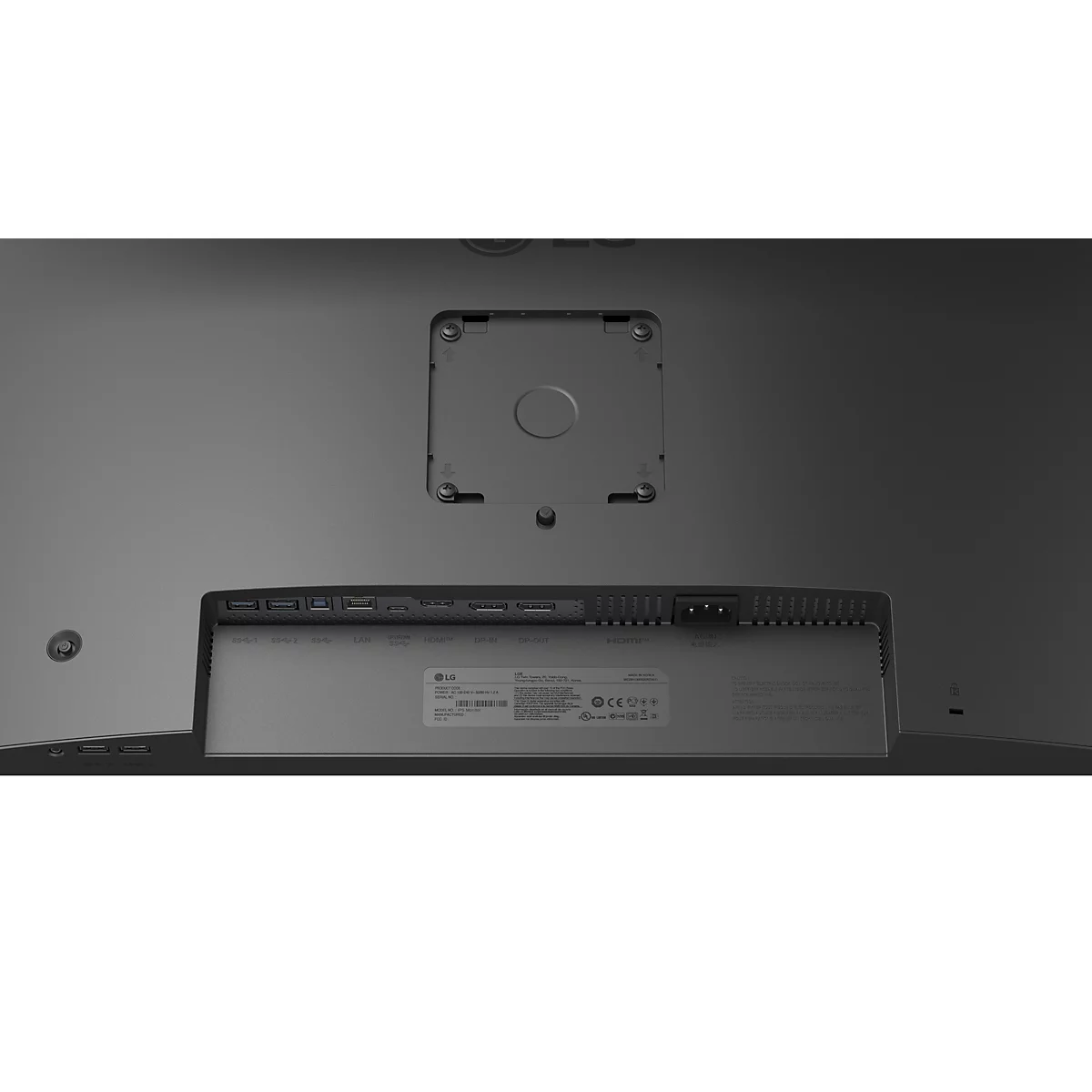 Rückseite eines LG Monitors mit VESA-Halterung und Anschlussleiste.