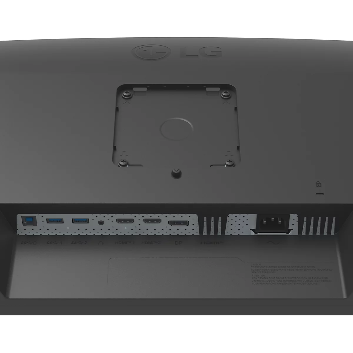 Moniteur noir vu de dos. Le support a une base carrée. Le logo LG est placé au milieu.