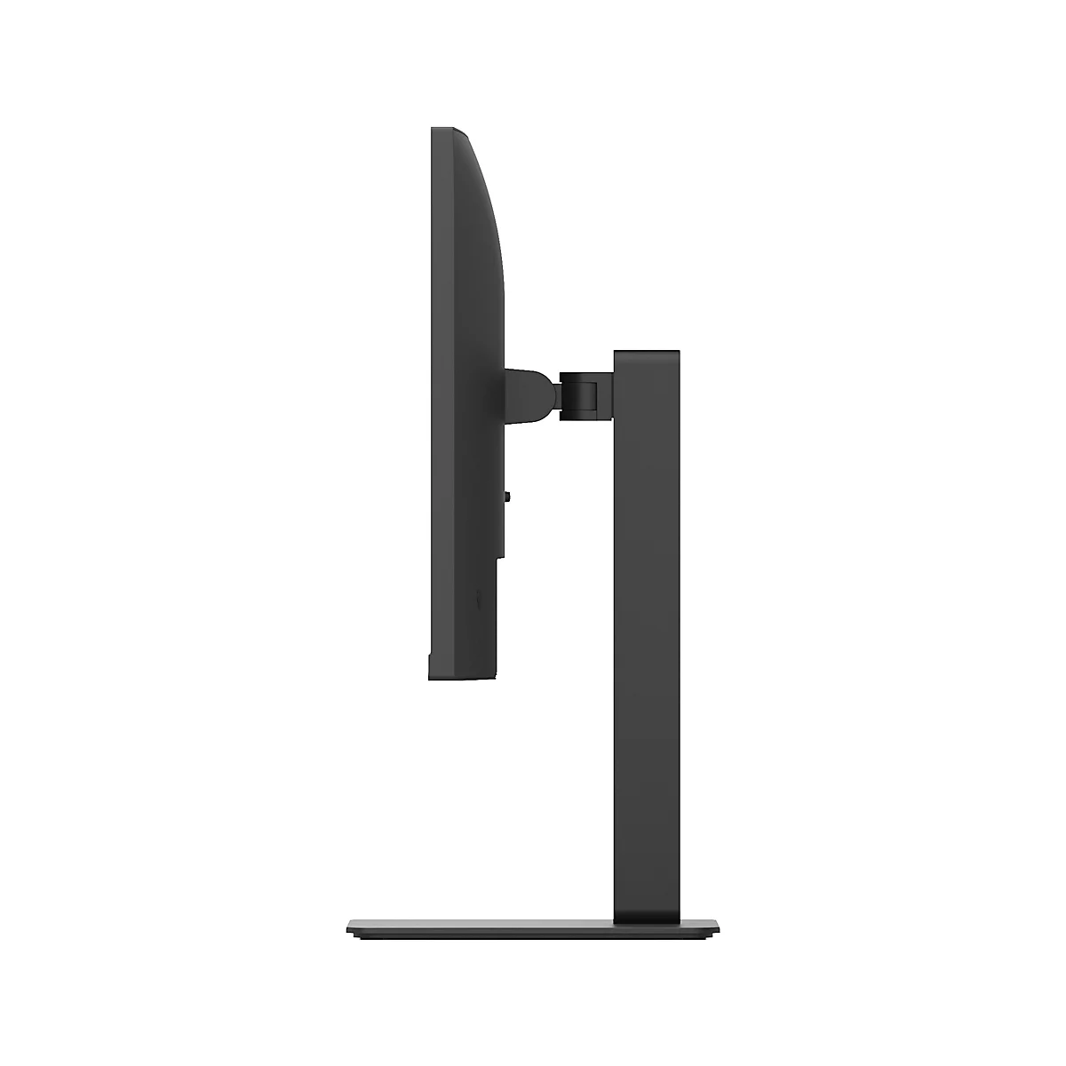 Vue latérale d'un moniteur noir sur un support sombre. L'écran est étroit et rectangulaire, le support est carré.