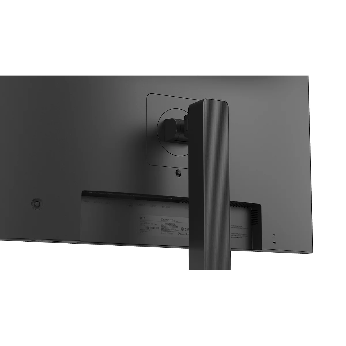 Arrière d'un moniteur noir. Support, connecteurs, pied noir.