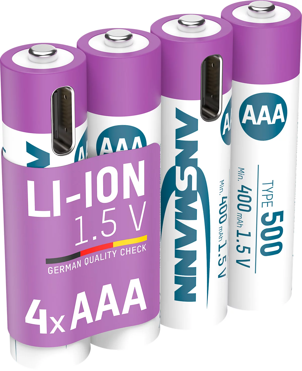 Li-Ion Akkus ANSMANN Micro AAA, 1,5 V, Typ 500 (min. 400 mAh), 0,74 Wh, Type C Ladung, 4 Stück