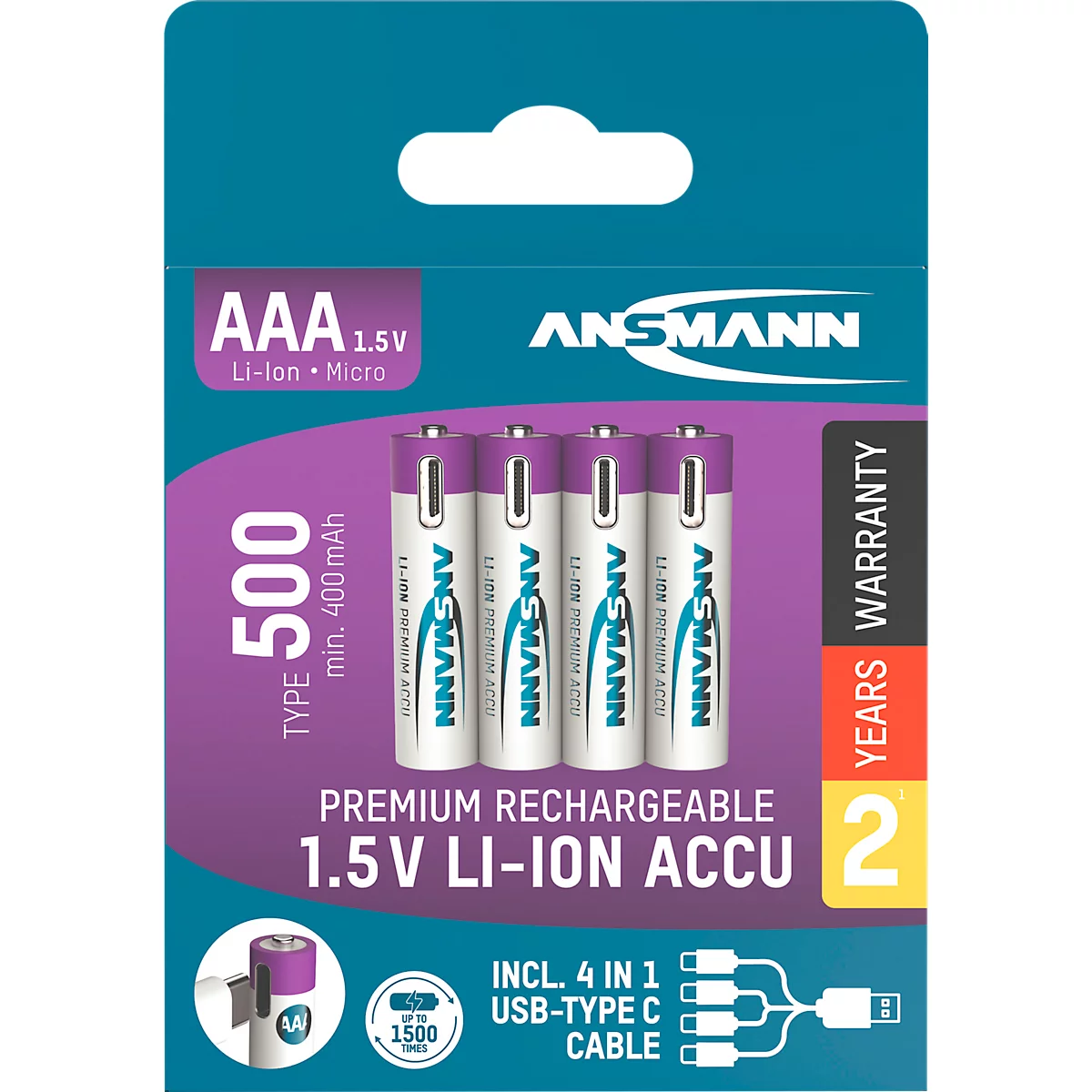 Li-Ion Akkus ANSMANN Micro AAA, 1,5 V, Typ 500 (min. 400 mAh), 0,74 Wh, Type C Ladung, 4 Stück