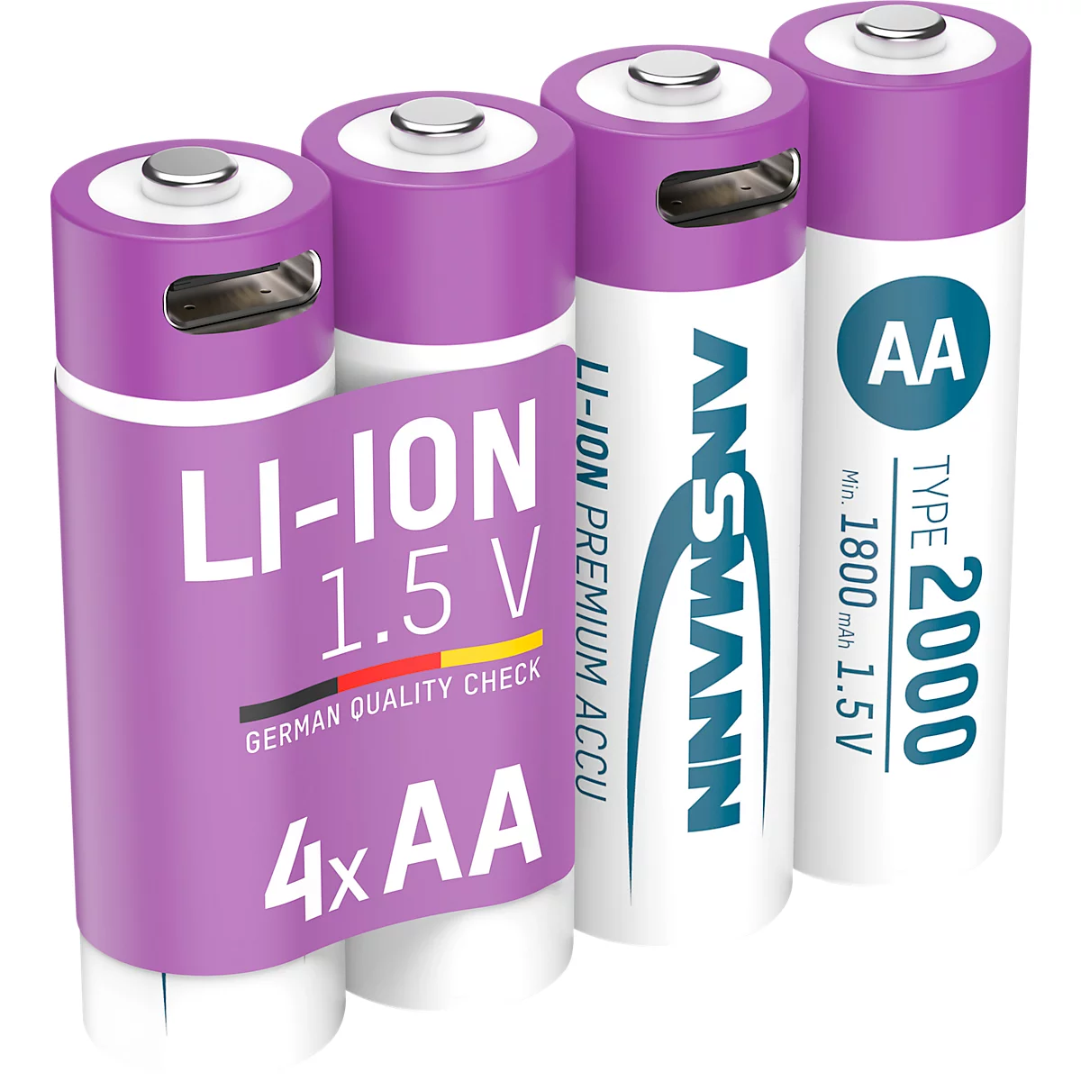 Li-Ion Akkus ANSMANN Mignon AA, 1,5 V, Typ 2000 (min. 1800 mAh), 3,26 Wh, Type C Ladung, 4 Stück