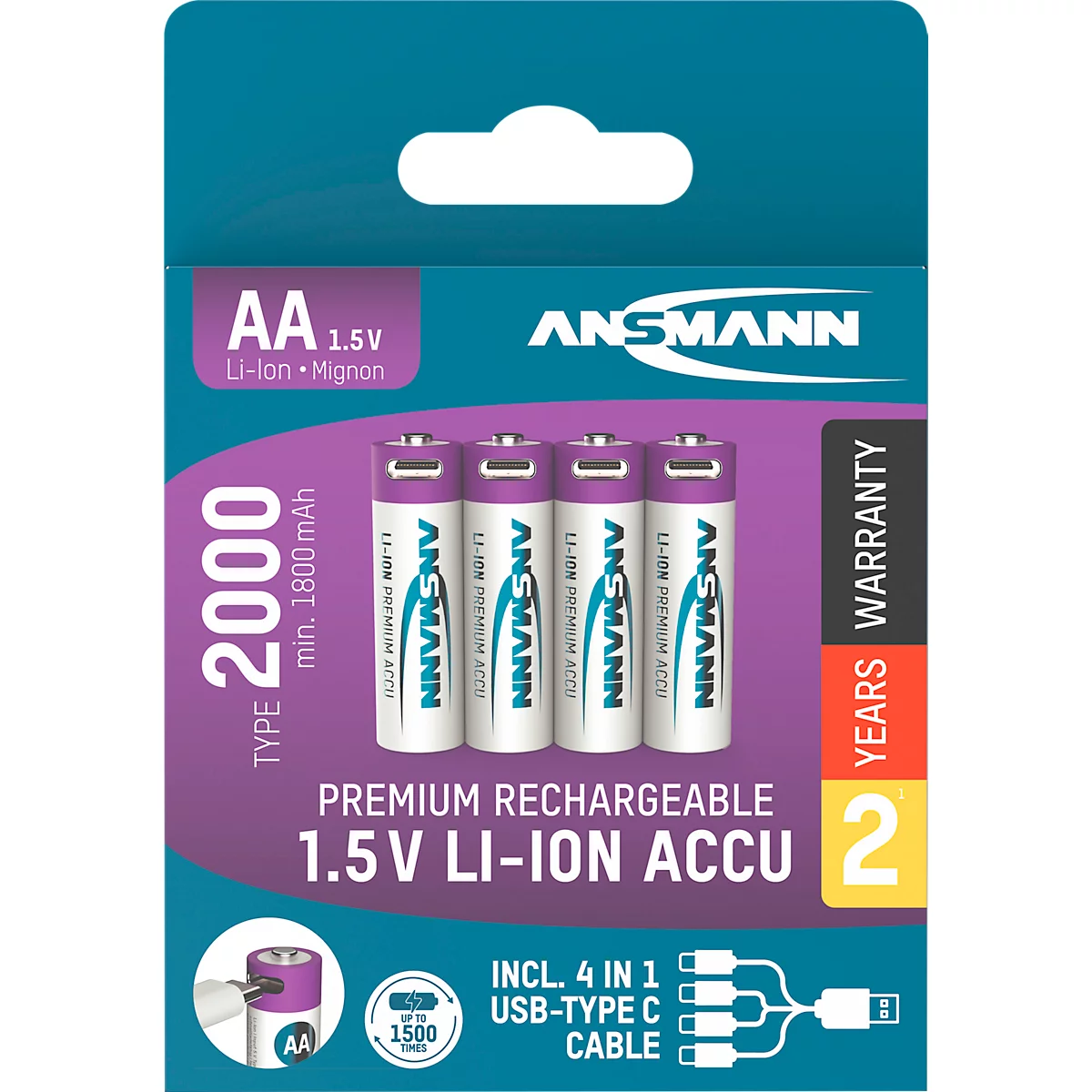 Li-Ion Akkus ANSMANN Mignon AA, 1,5 V, Typ 2000 (min. 1800 mAh), 3,26 Wh, Type C Ladung, 4 Stück