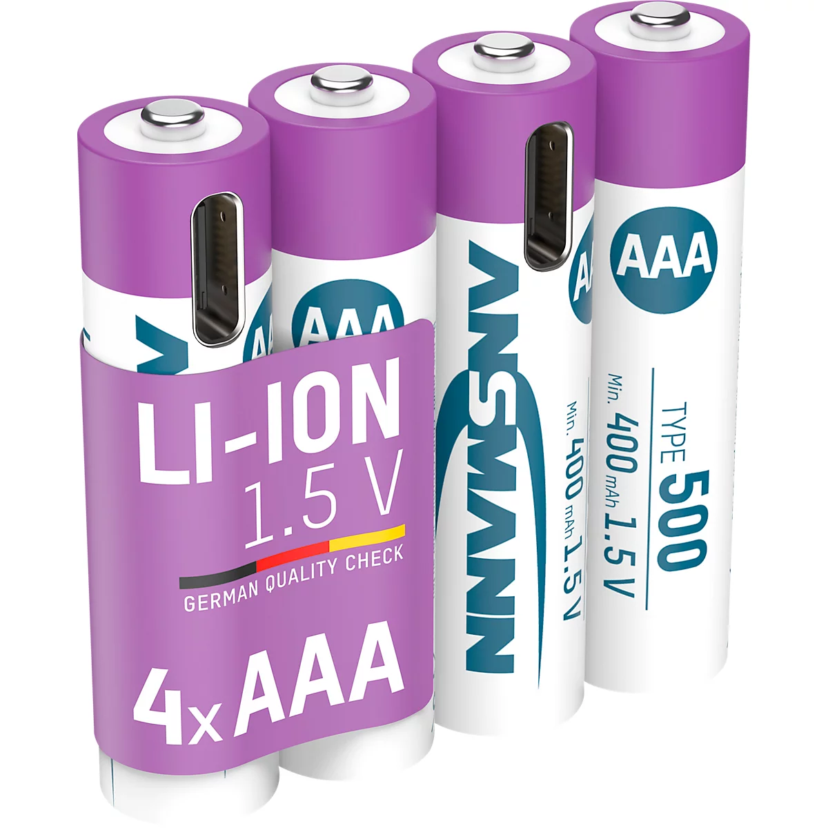 Li-Ion oplaadbare batterijen ANSMANN Micro AAA, 1,5 V, type 500 (min. 400 mAh), 0,74 Wh, type C opladen, 4 stuks