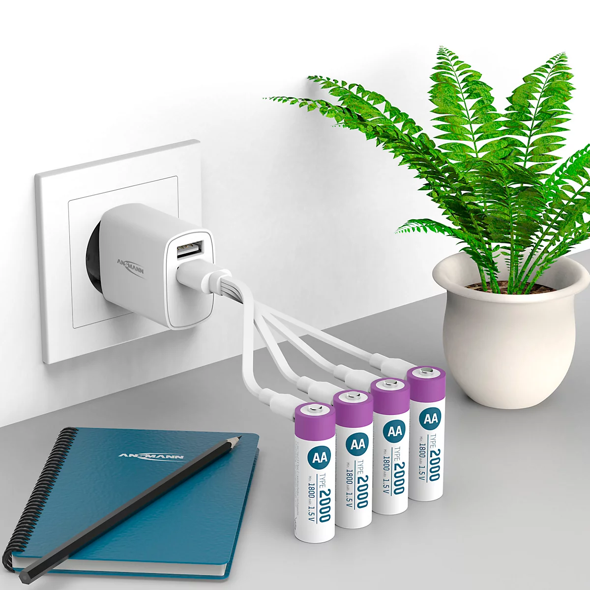 Li-Ion oplaadbare batterijen ANSMANN Mignon AA, 1,5 V, Type 2000 (min. 1800 mAh), 3,26 Wh, Type C opladen, 4 stuks
