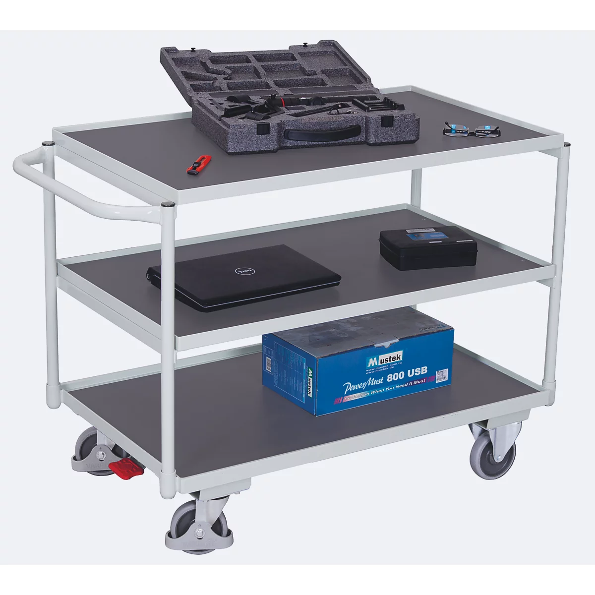 Lichte tafelwagen, staal/MDF-plaat, lichtgrijs/donkergrijs, 3 etages, L 835 x B 505 mm, TPE-wielen met EasySTOP, tot 250 kg