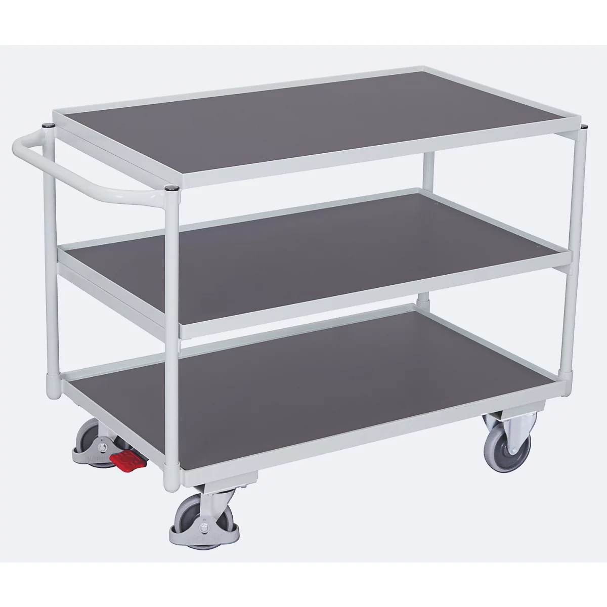 Lichte tafelwagen, staal/MDF-plaat, lichtgrijs/donkergrijs, 3 etages, L 985 x B 605 mm, TPE-wielen met EasySTOP, tot 250 kg