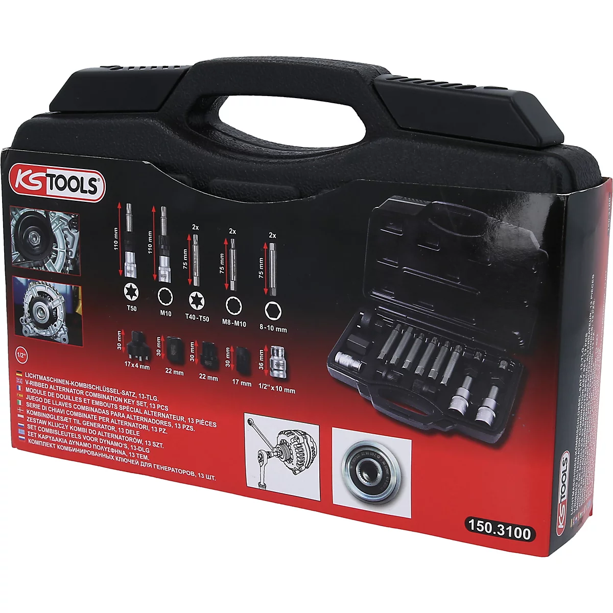 Schwarzer Werkzeugkoffer mit geöffneter Klappe und Werkzeugen. Aufschrift 'KS TOOLS'. Zahlreiche Werkzeuge in verschiedenen Größen.