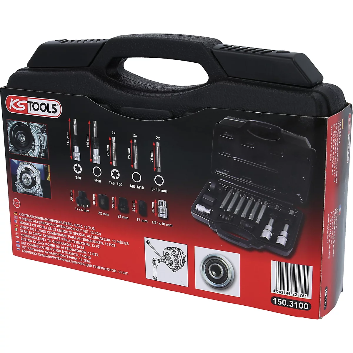 Schwarzer Werkzeugkoffer mit KS Tools Logo, geöffnet. Enthält verschiedene Werkzeuge und Beschriftung.