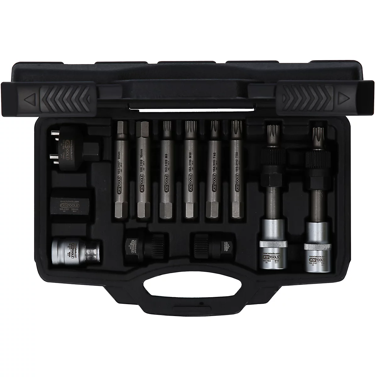 Schwarzer Werkzeugkasten mit Werkzeugen. In dem Kasten sind verschiedene Bit-Aufsätze und Schraubenschlüssel.