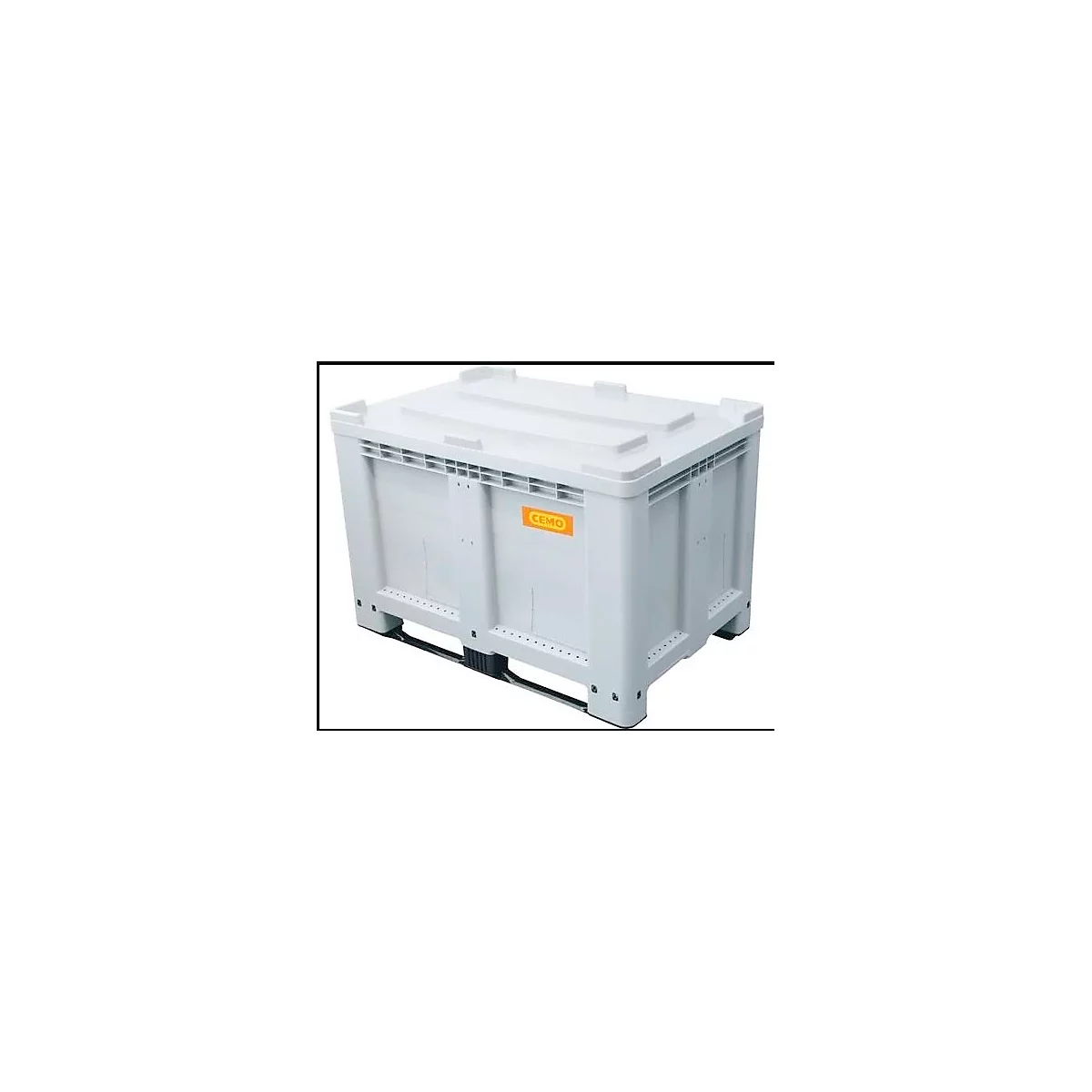 Grey plastic transport box with lid and logo. The box stands on a black pallet.