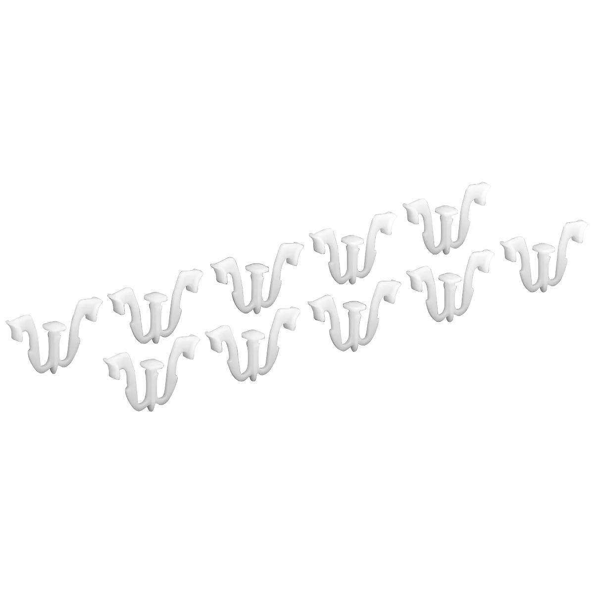 Ten white curtain hooks on a white background, arranged in a slightly slanted arrangement.