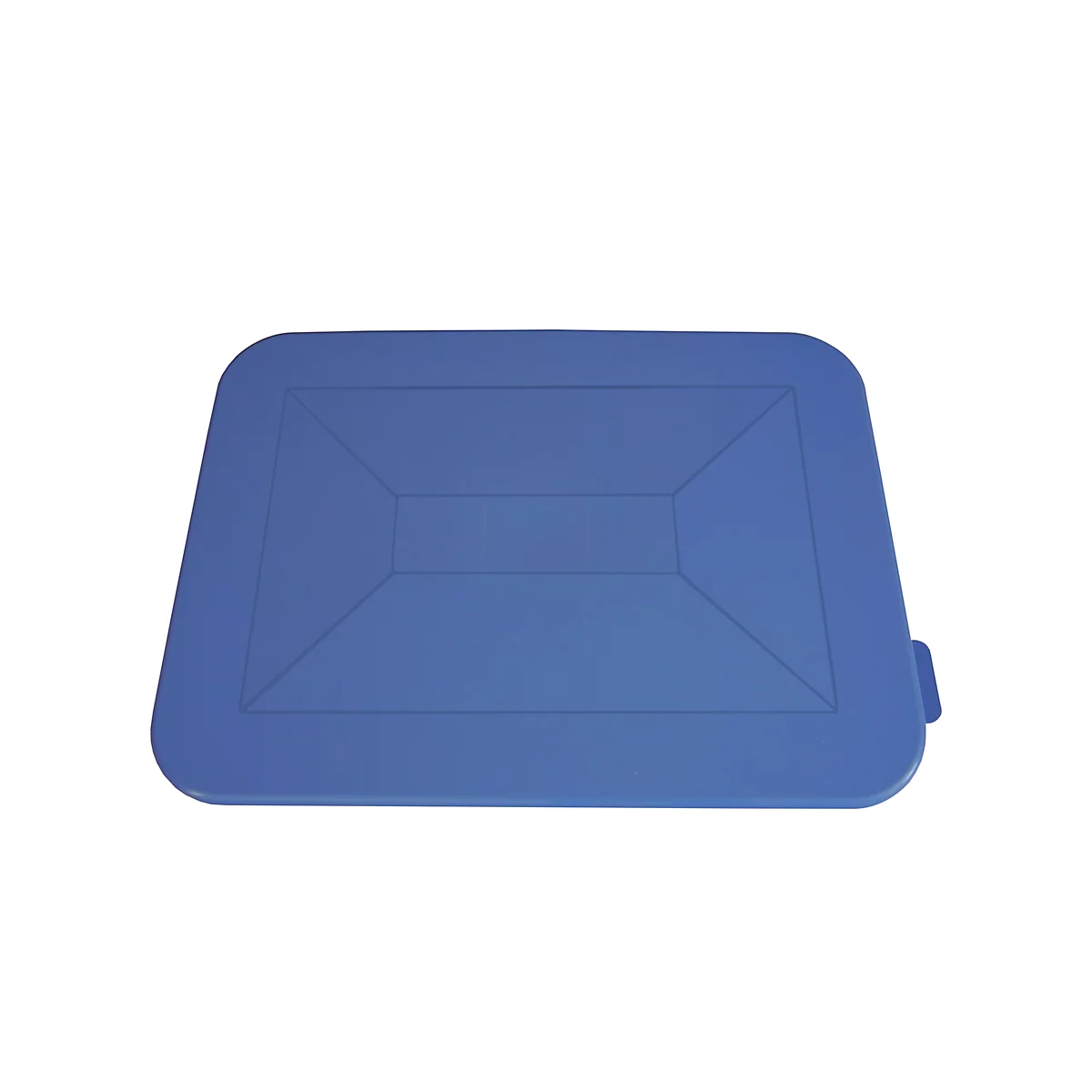 Blue rectangular lid with raised surface. A handle is on one corner.