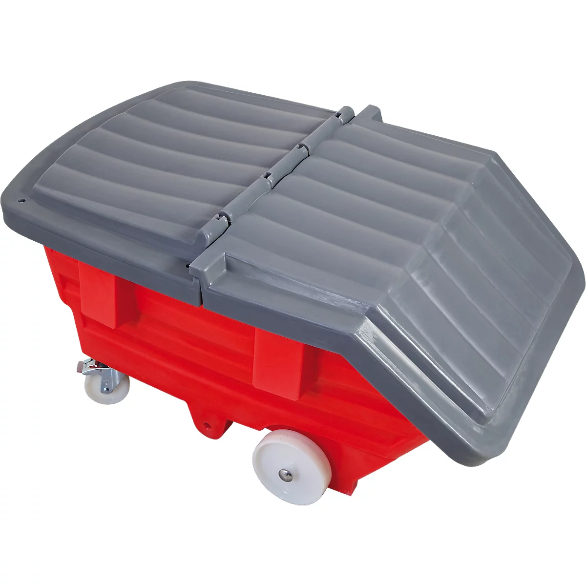 Red waste container with grey lid on wheels.