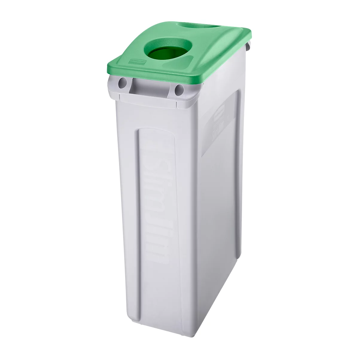 White trash can with a green lid. There is a round opening at the top.