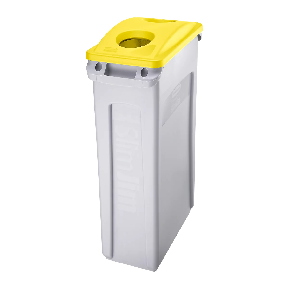 Grey trash can with yellow lid and round hole. The inside is visible.