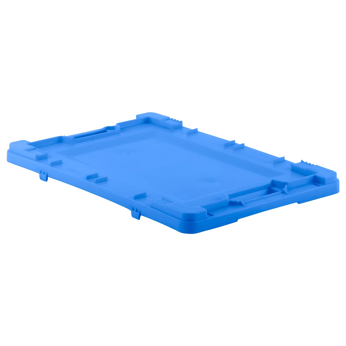 Blue, rectangular plastic part with slightly protruding edges, lying on a white surface.