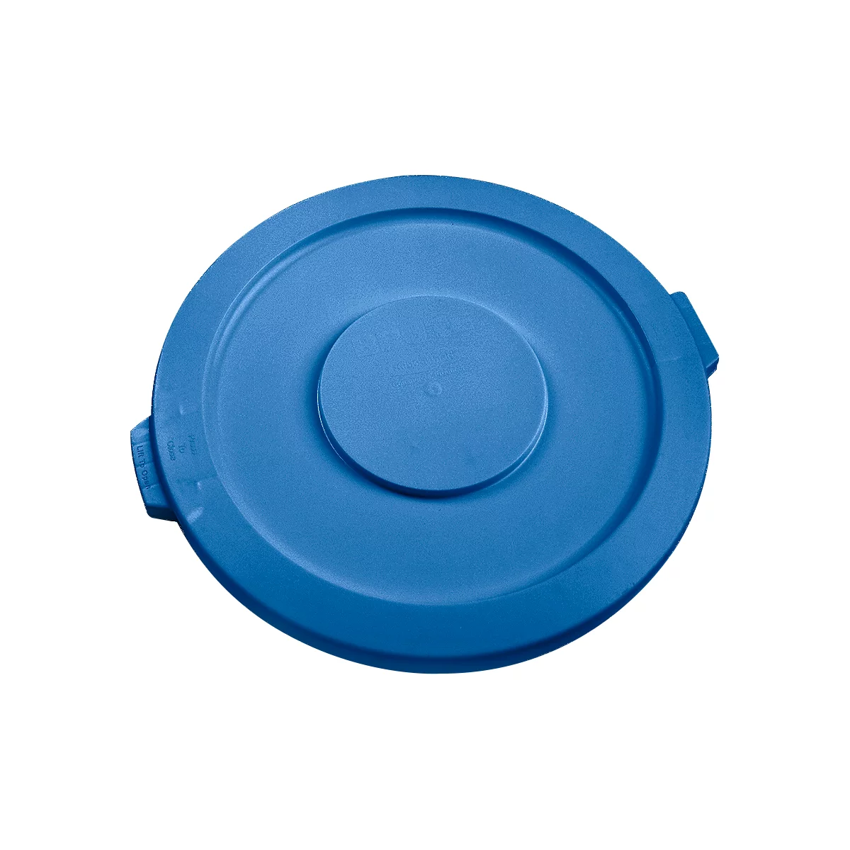 Blue, circular lid with a raised center and handles.