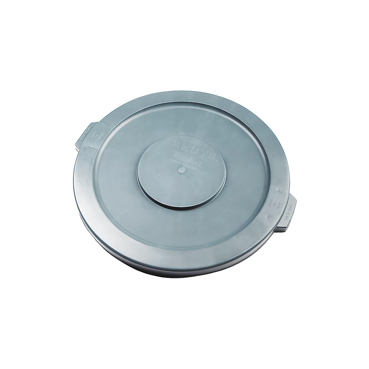 Grey, round lid with raised handles and lettering. Two concentric circles.