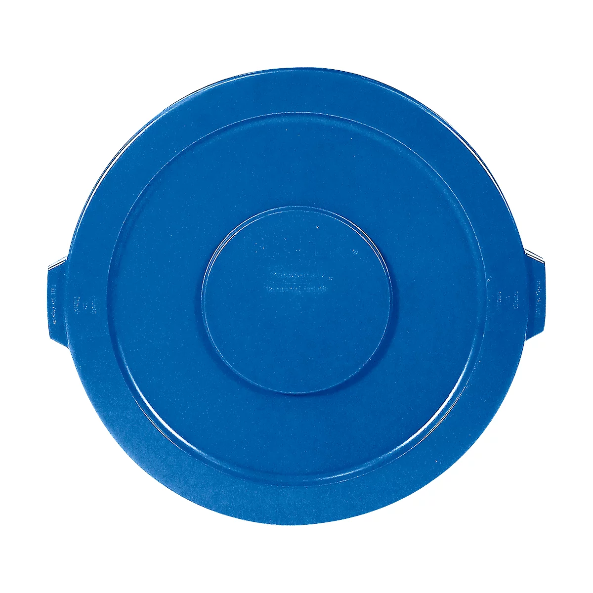 Blue round lid with three concentric circles, the middle circle is smaller. Side handles attached.