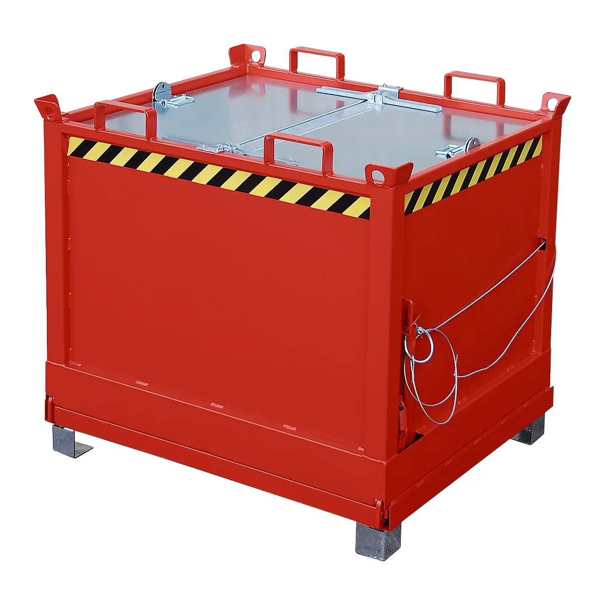 Red metal container with lid and handles. Black and yellow warning stripes, detail of the closure.