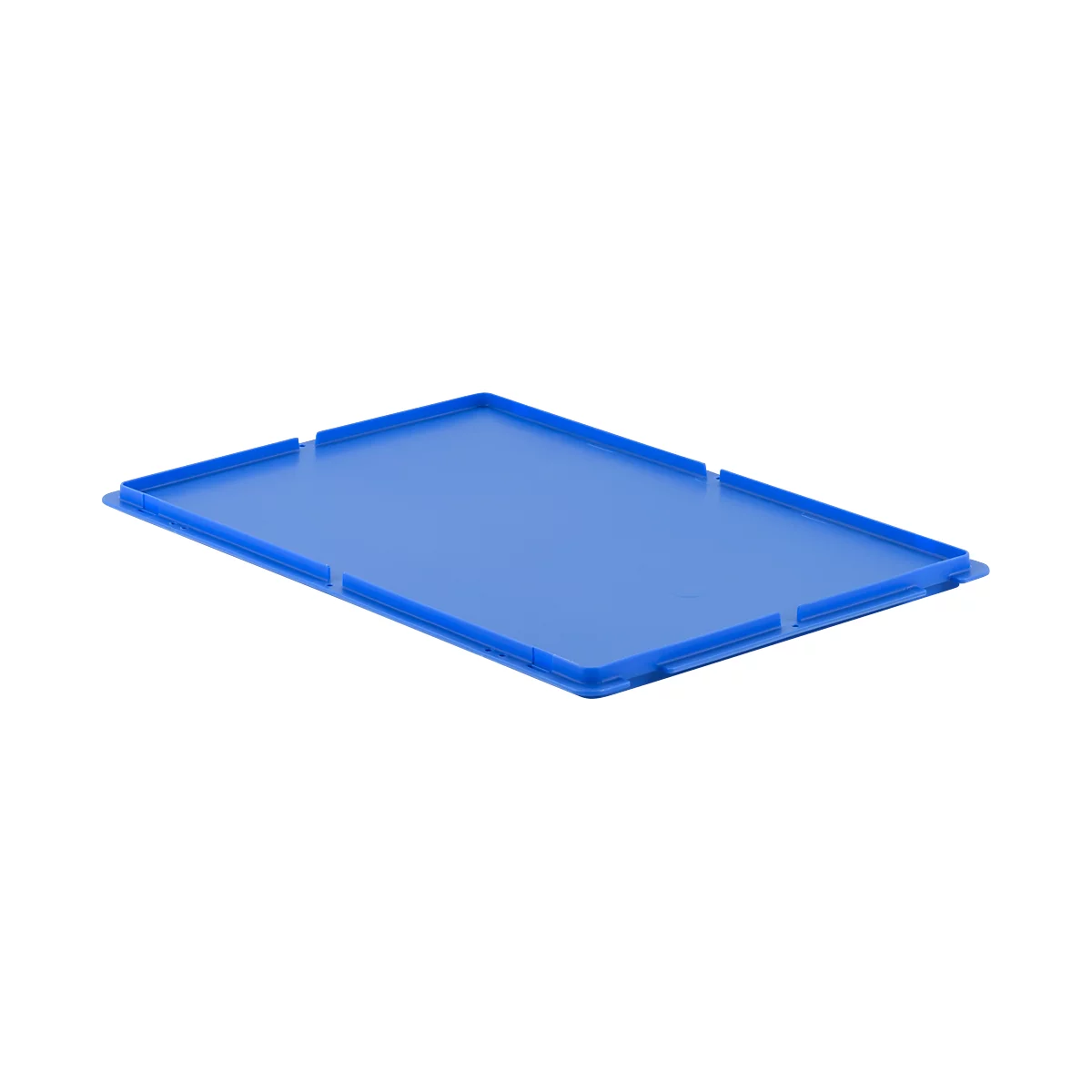 Blue tray with raised edges and cutouts, viewed diagonally from above.