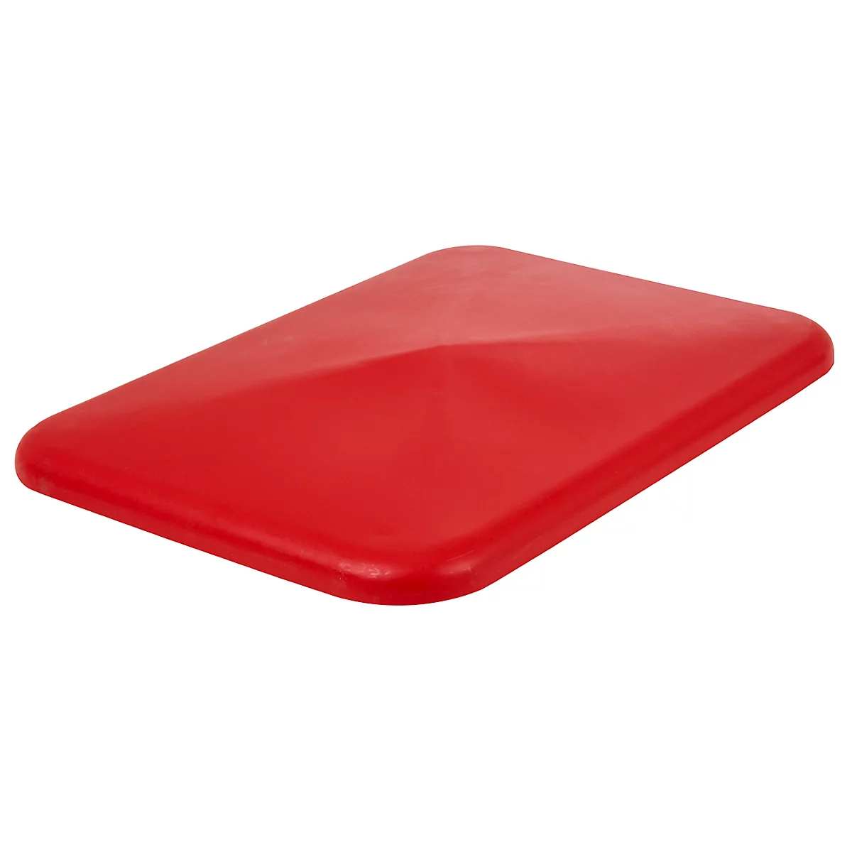 A red, rectangular object with beveled sides and a raised, pyramid-shaped center.