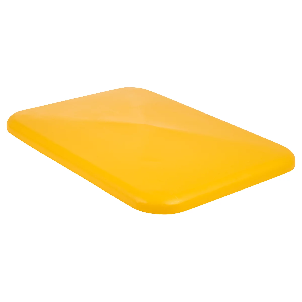 Yellow, rectangular plastic part with rounded edges. It lies on a white surface.