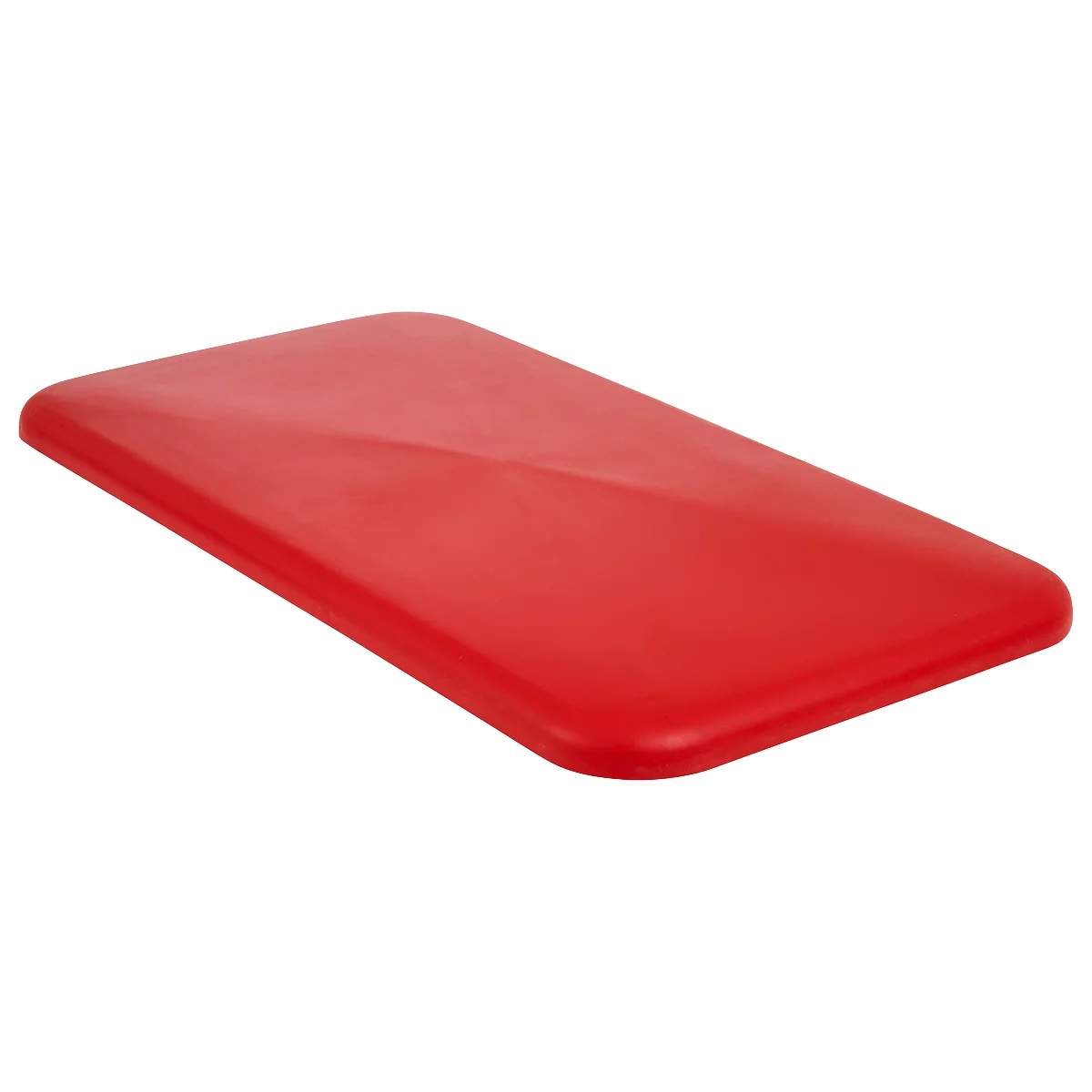 Rectangular, red cutting board with rounded edges.