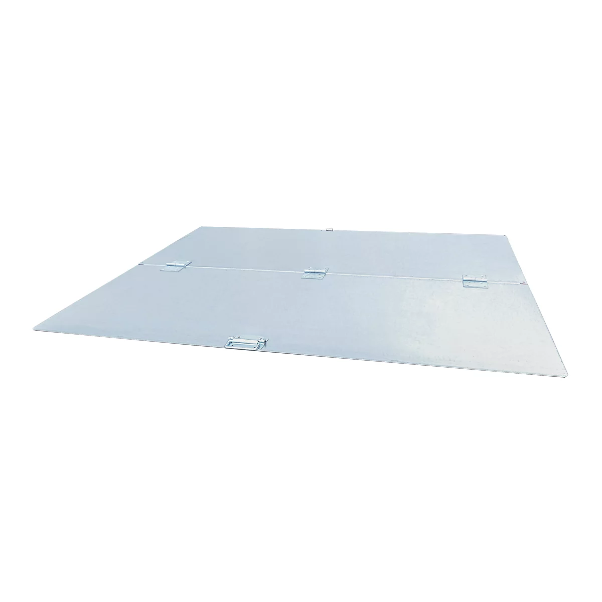 Metal plate with four metal latches. Top view, slightly oblique.