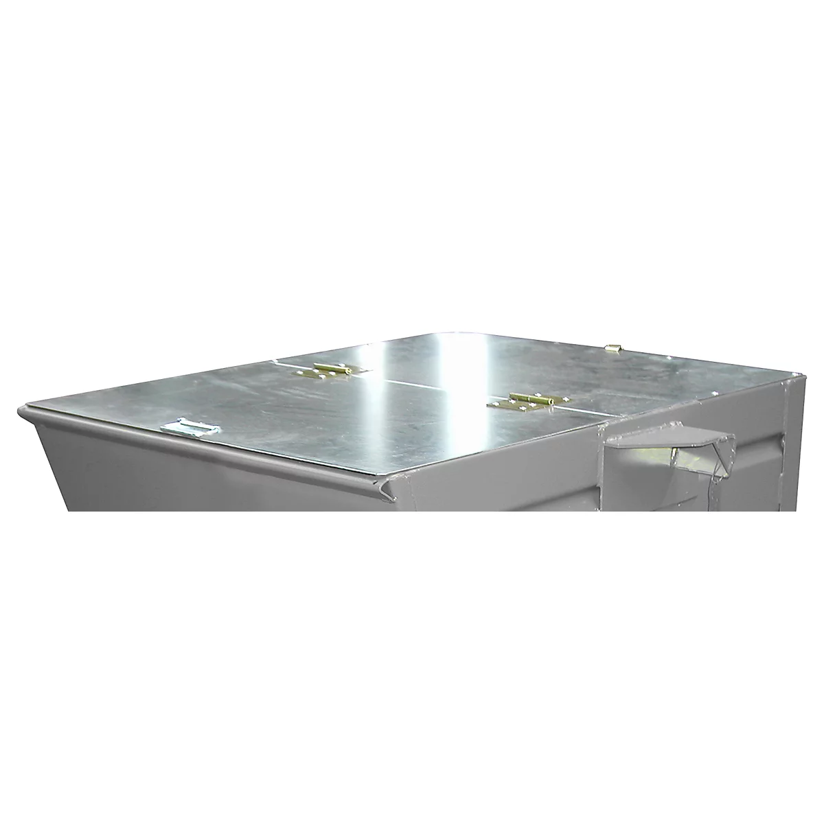 Gray container with metal plate. There are hinges on the plate.